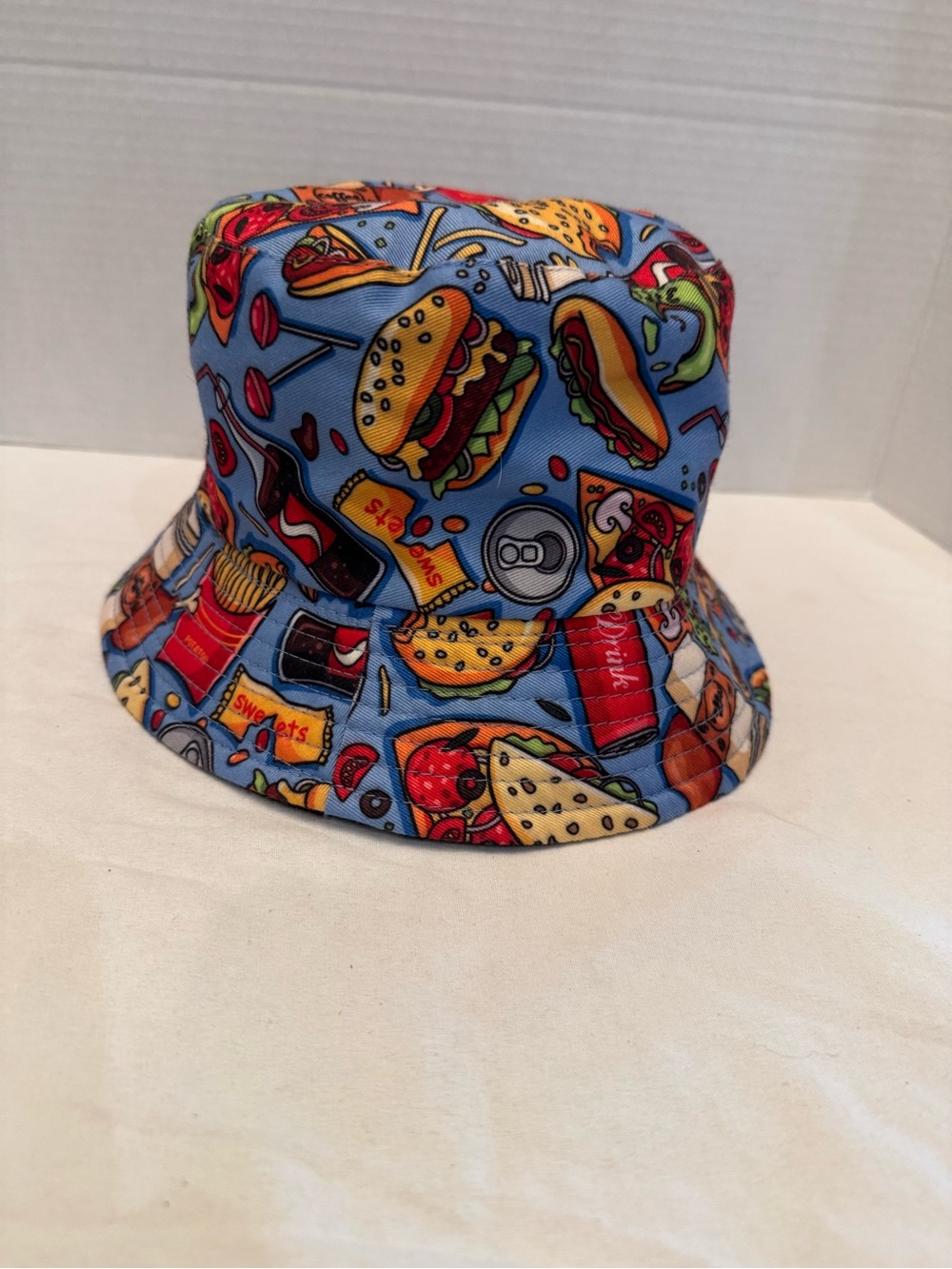 Reversible Junk Food Print Bucket Hat Streetwear Rave Festival Black Sun Cap M/L